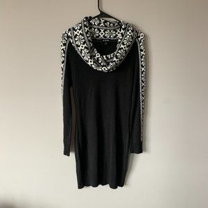 Sweater Dress (long sleeve) - Cowl Neck - Black with black/white pattern